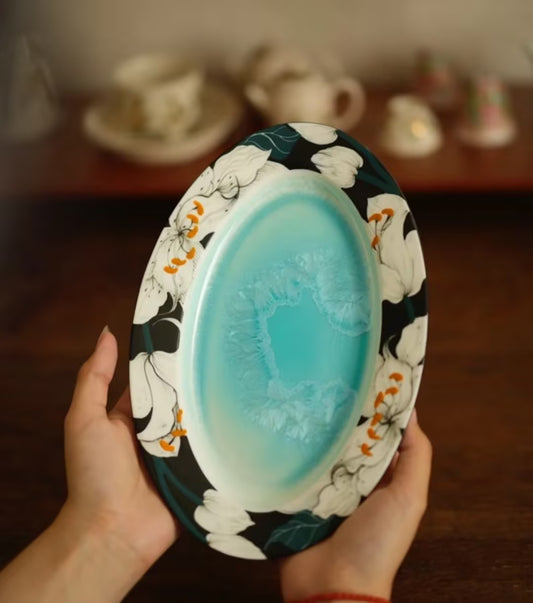 Oval Crystalline Hand-Painted Plate