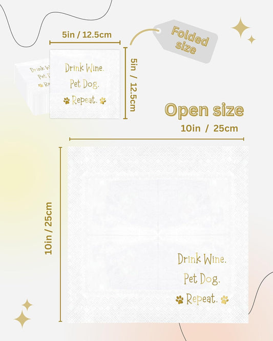 1006 Drink Wine Pet Dog Repeat Gold Foil Cocktail Napkins
