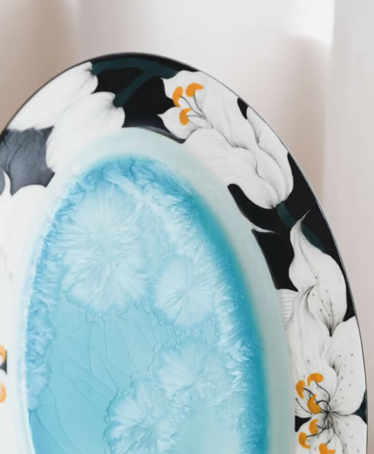 Oval Crystalline Hand-Painted Plate