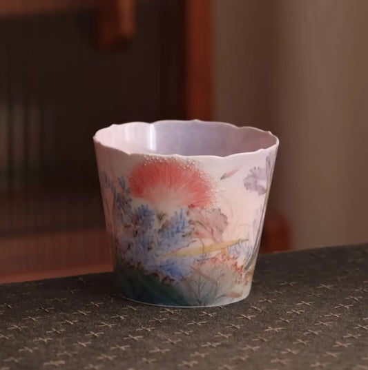 Hand-Painted Albizia Flower Ceramic Cup