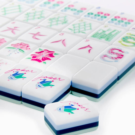 Cyan Acrylic Hand-Rubbed Crystal Mahjong Tile Set